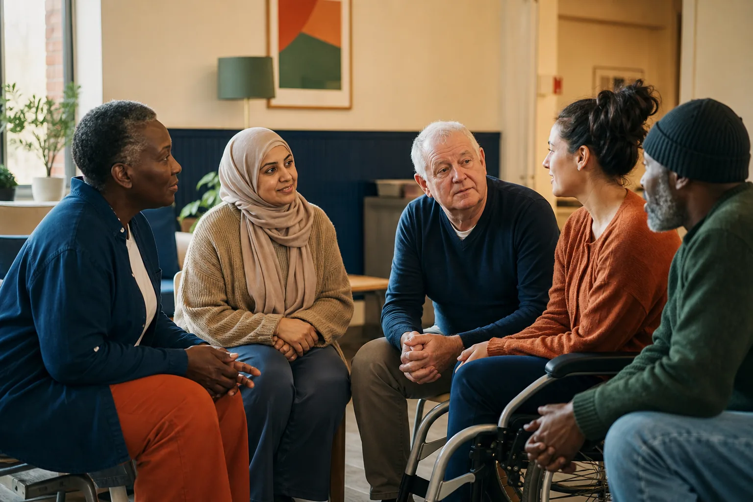 A diverse group of adults having a supportive conversation in a welcoming community room