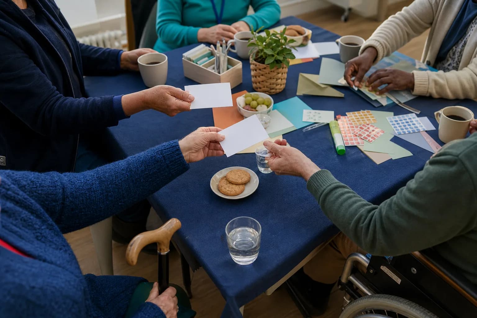 Hands sharing information cards and creative materials at an accessible community table