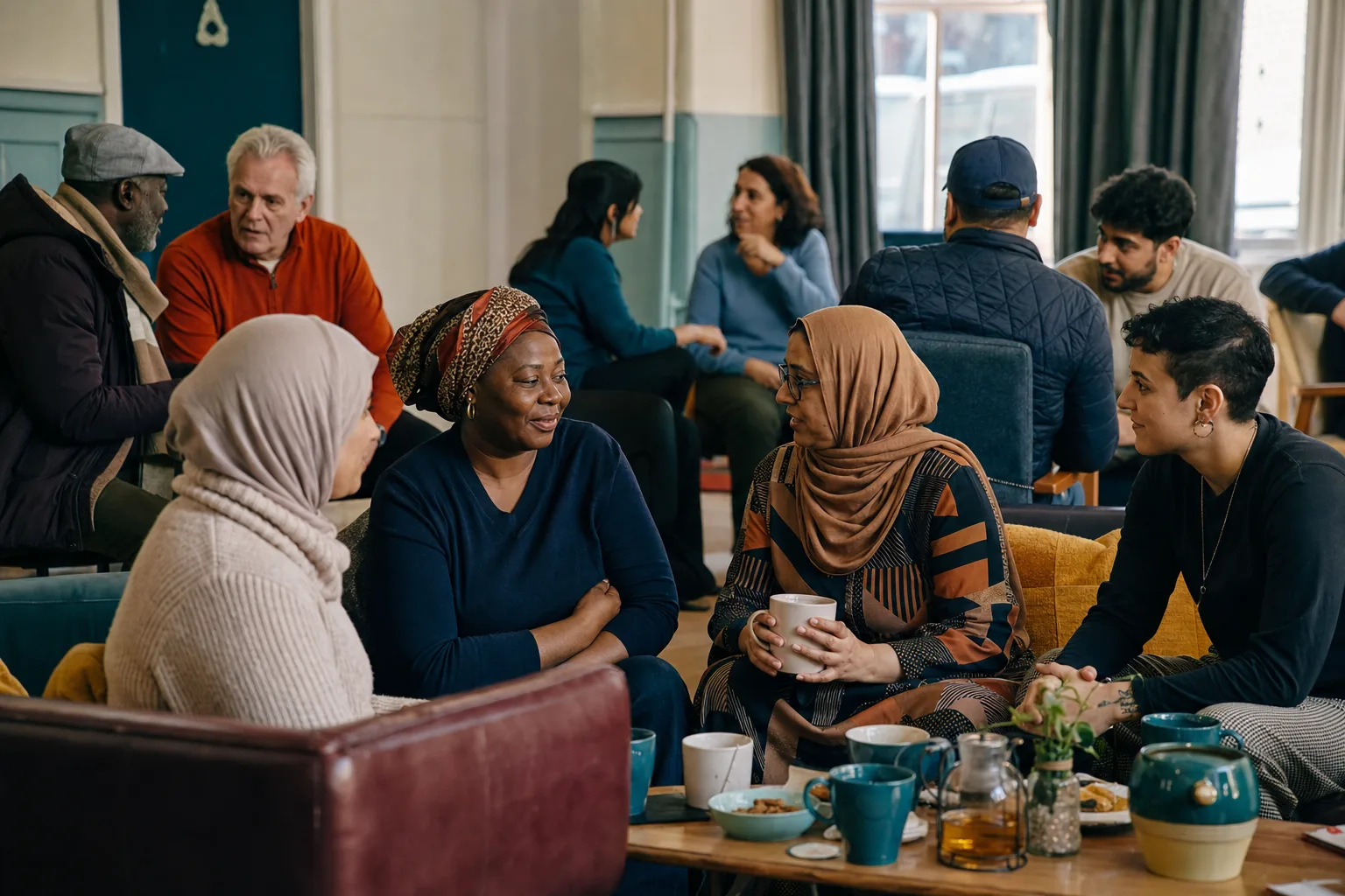 An inclusive community gathering with people from different cultures talking in small groups