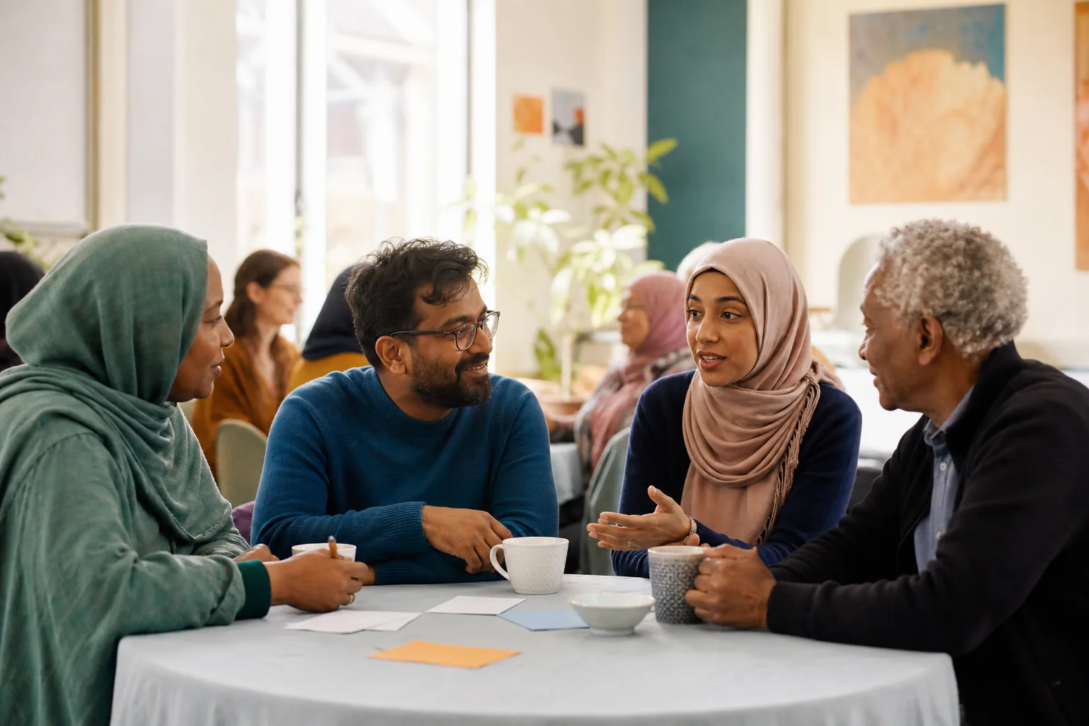 People from different backgrounds talking together around a community table