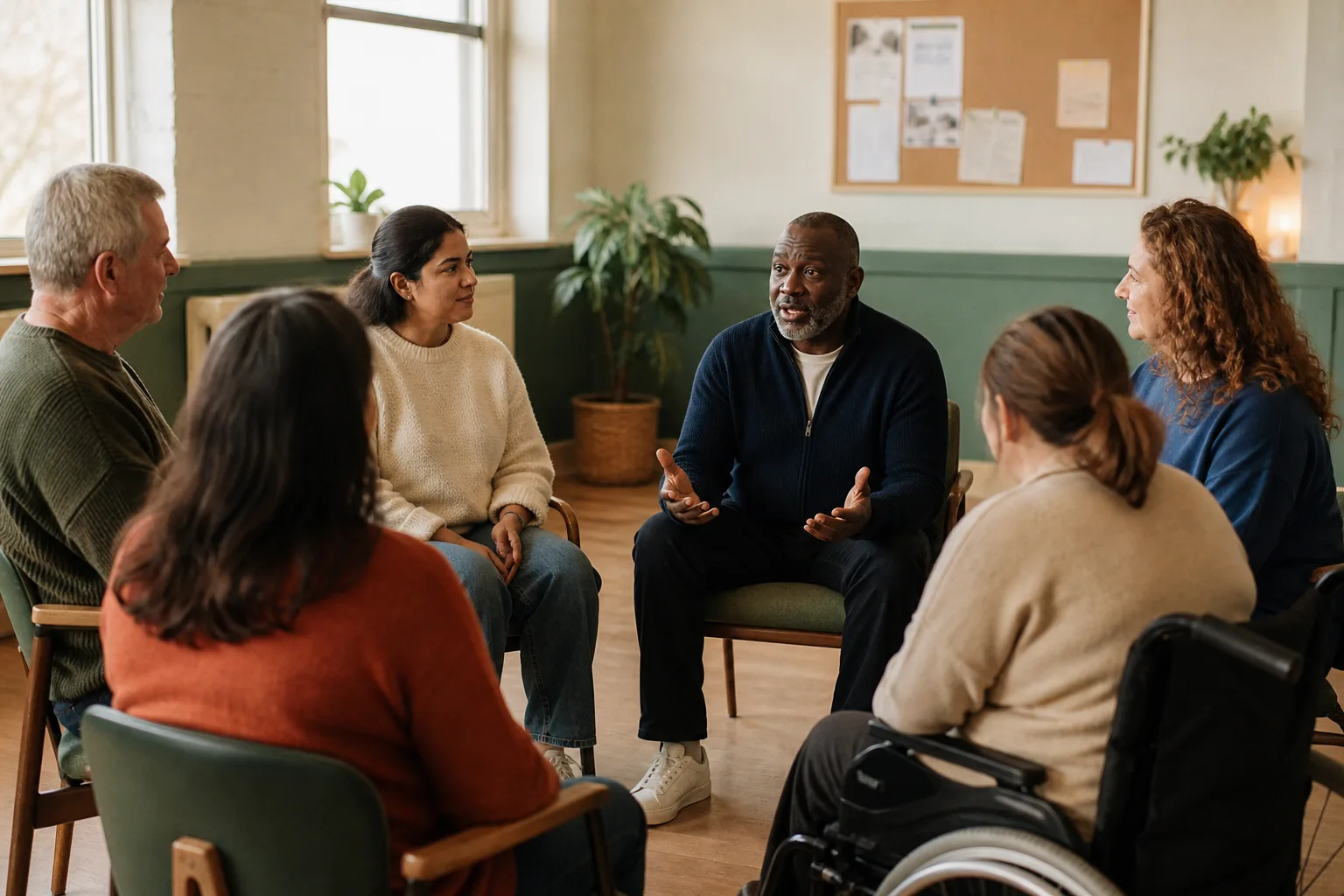 A diverse peer-support group listening to one another in a community room