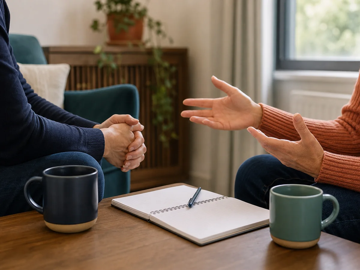 A confidential one-to-one support conversation with one person listening attentively