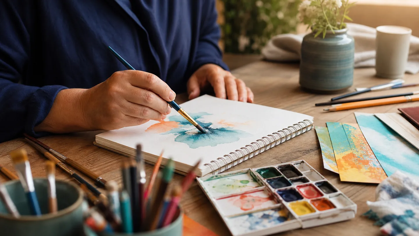 Hands painting in a sketchbook surrounded by watercolours and art materials