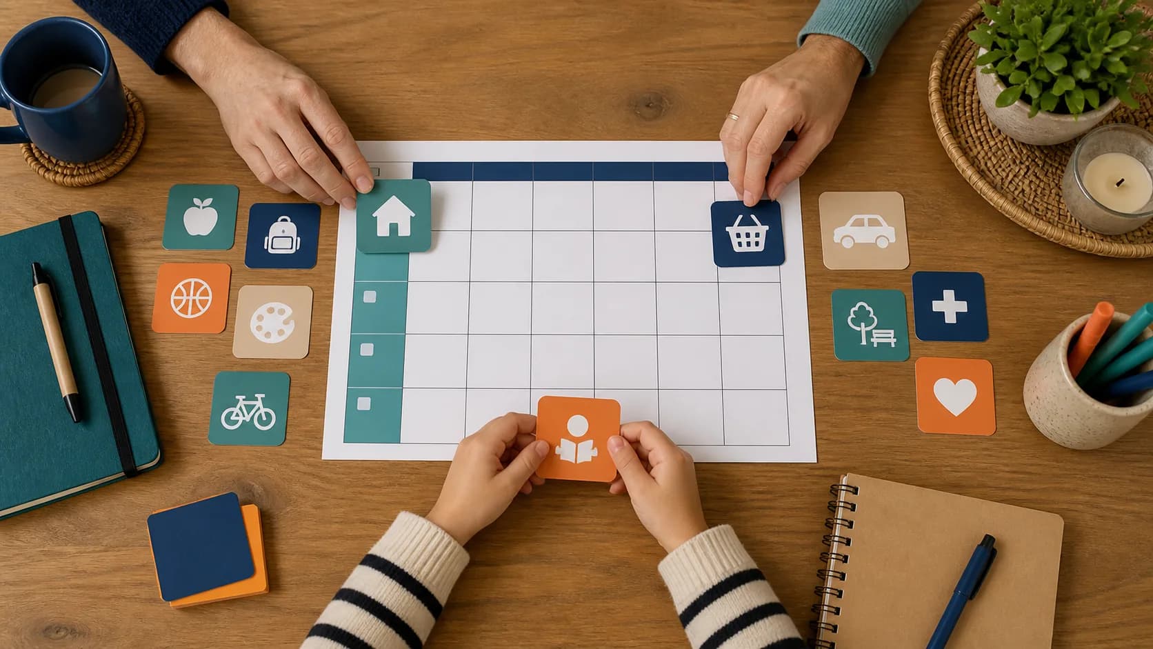 Hands arranging a shared family calendar and home planning materials