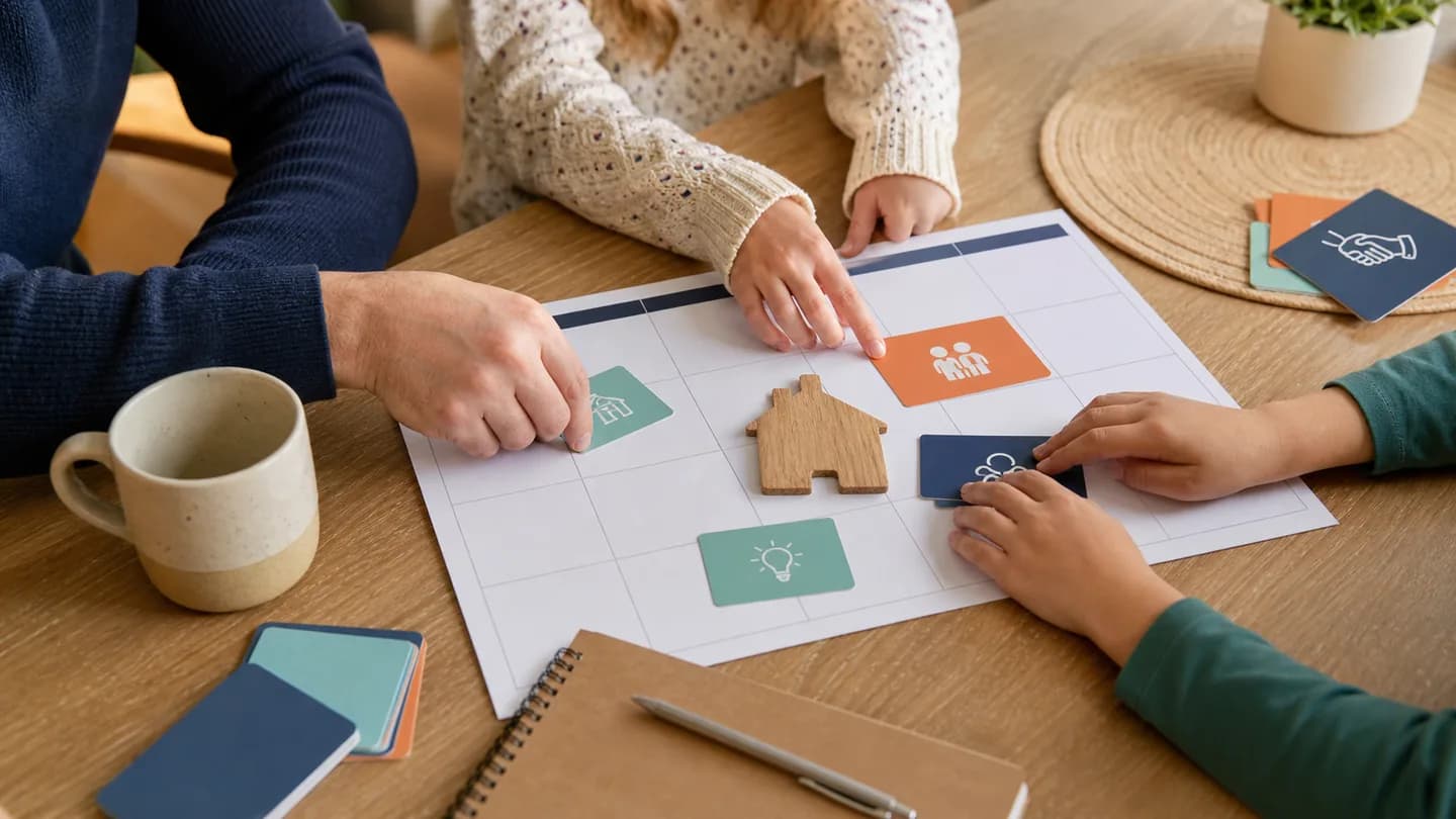 Hands arranging a shared family calendar and home planning materials