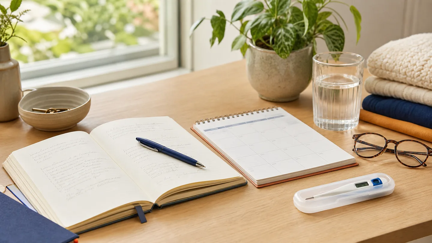 A calm health planning desk with a wellbeing journal, water and health essentials