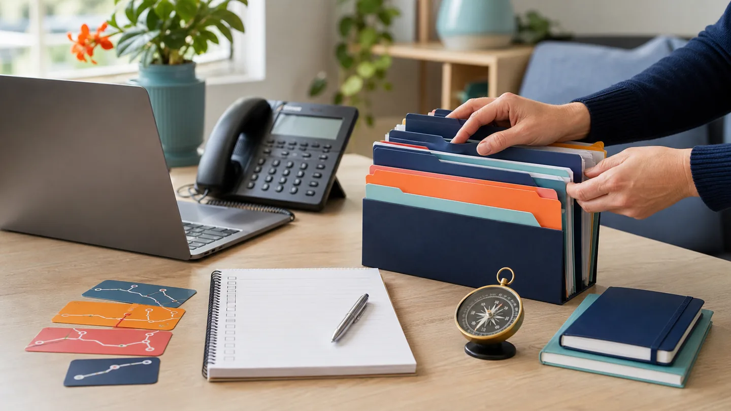 Hands organising community support folders beside a laptop, telephone and route cards