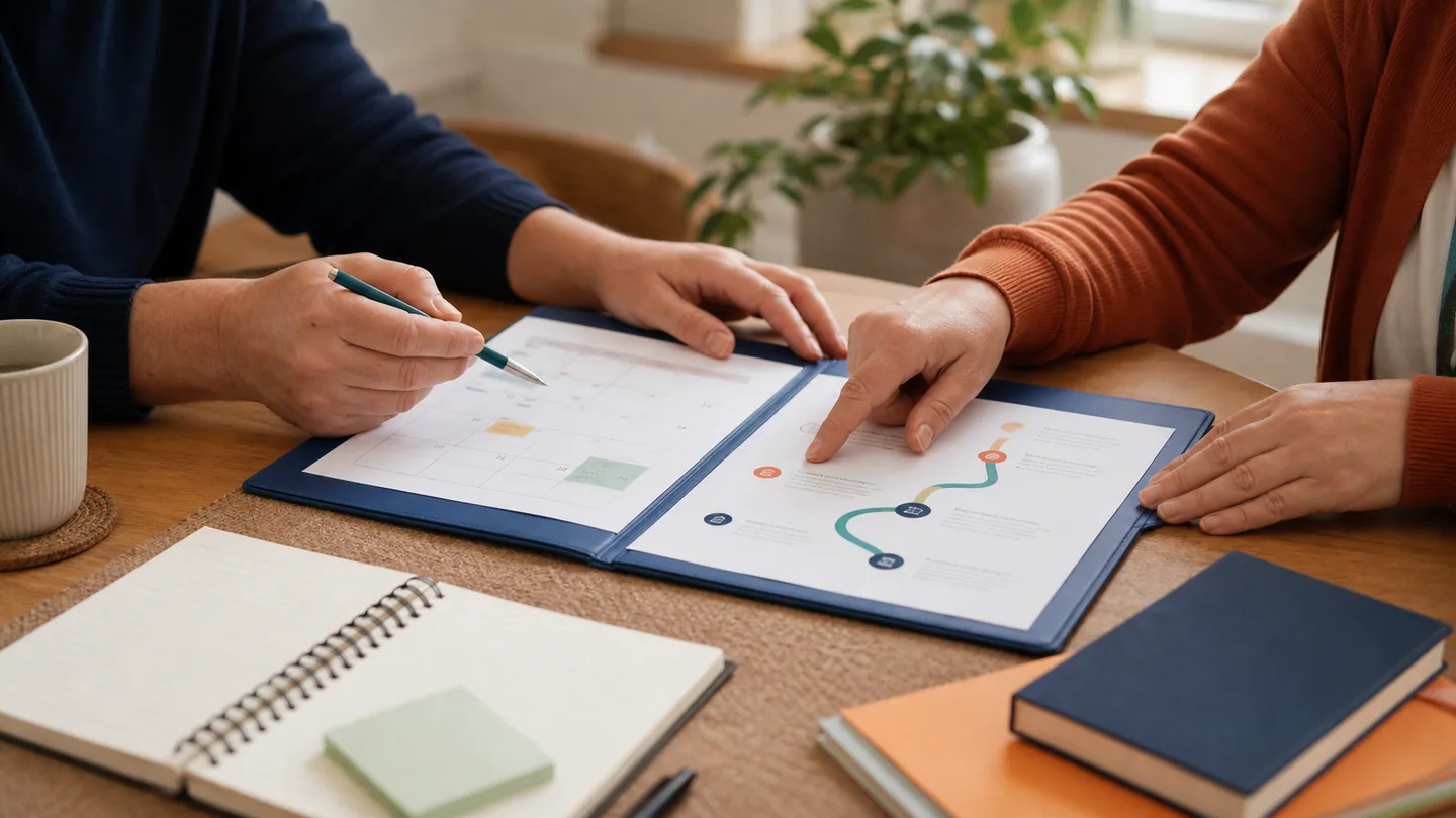 Hands reviewing a care plan with a calendar and organised support notes