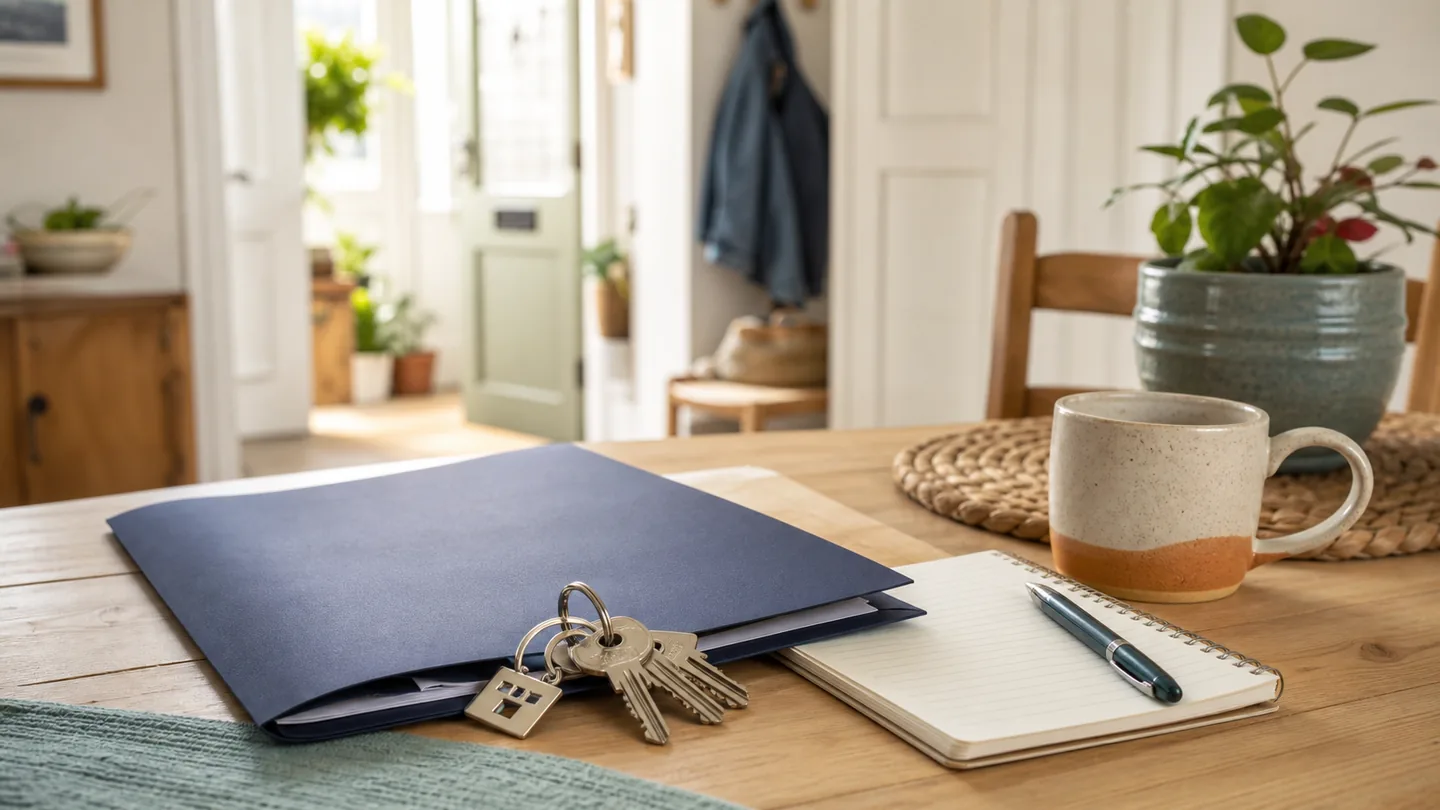 House keys beside an organised tenancy folder in a welcoming home setting