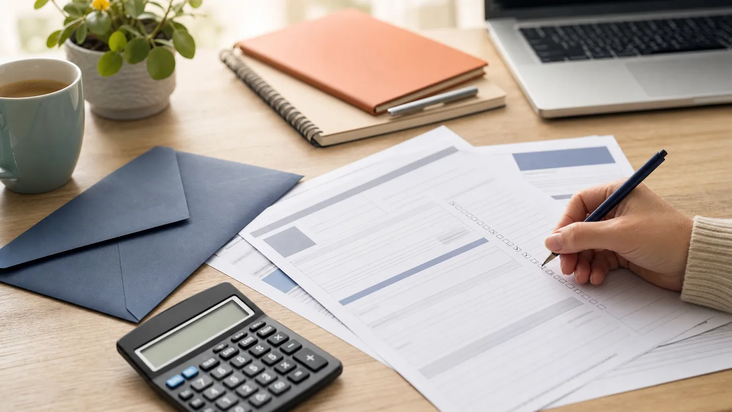 A welfare support desk with forms, a calculator and a hand completing paperwork
